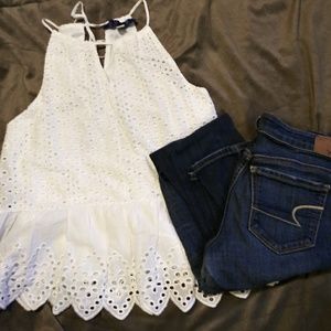 Blue Rain White Eyelet Halter Peplum Top